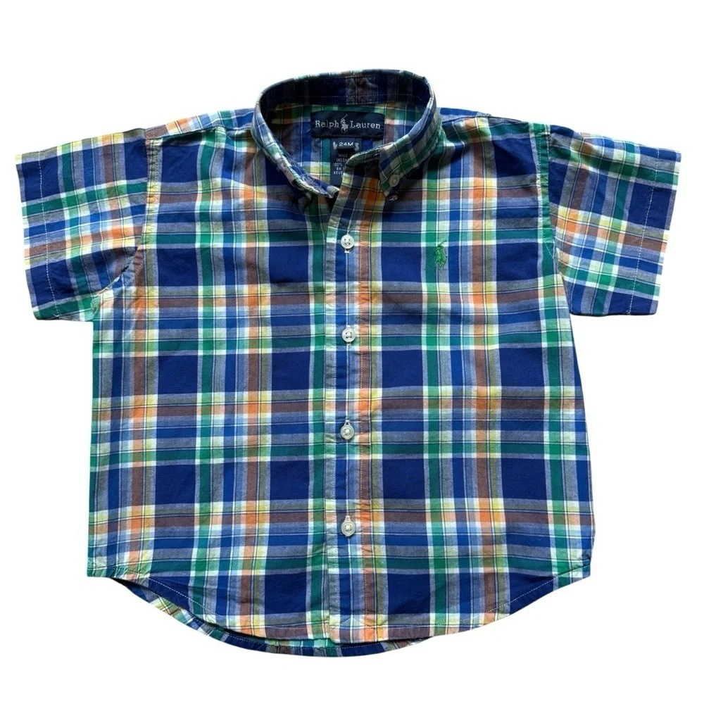 Ralph Lauren Baby Boy Madras Plaid Short Sleeve Button Down Shirt 24M Casual